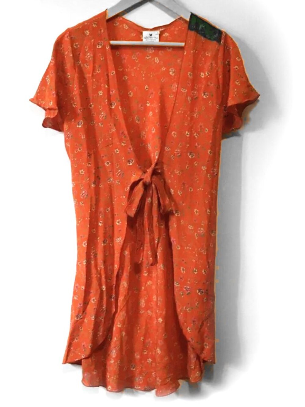 100% Silk Orange Ditsy Floral Tie Up Alchemy Fashions Robe S